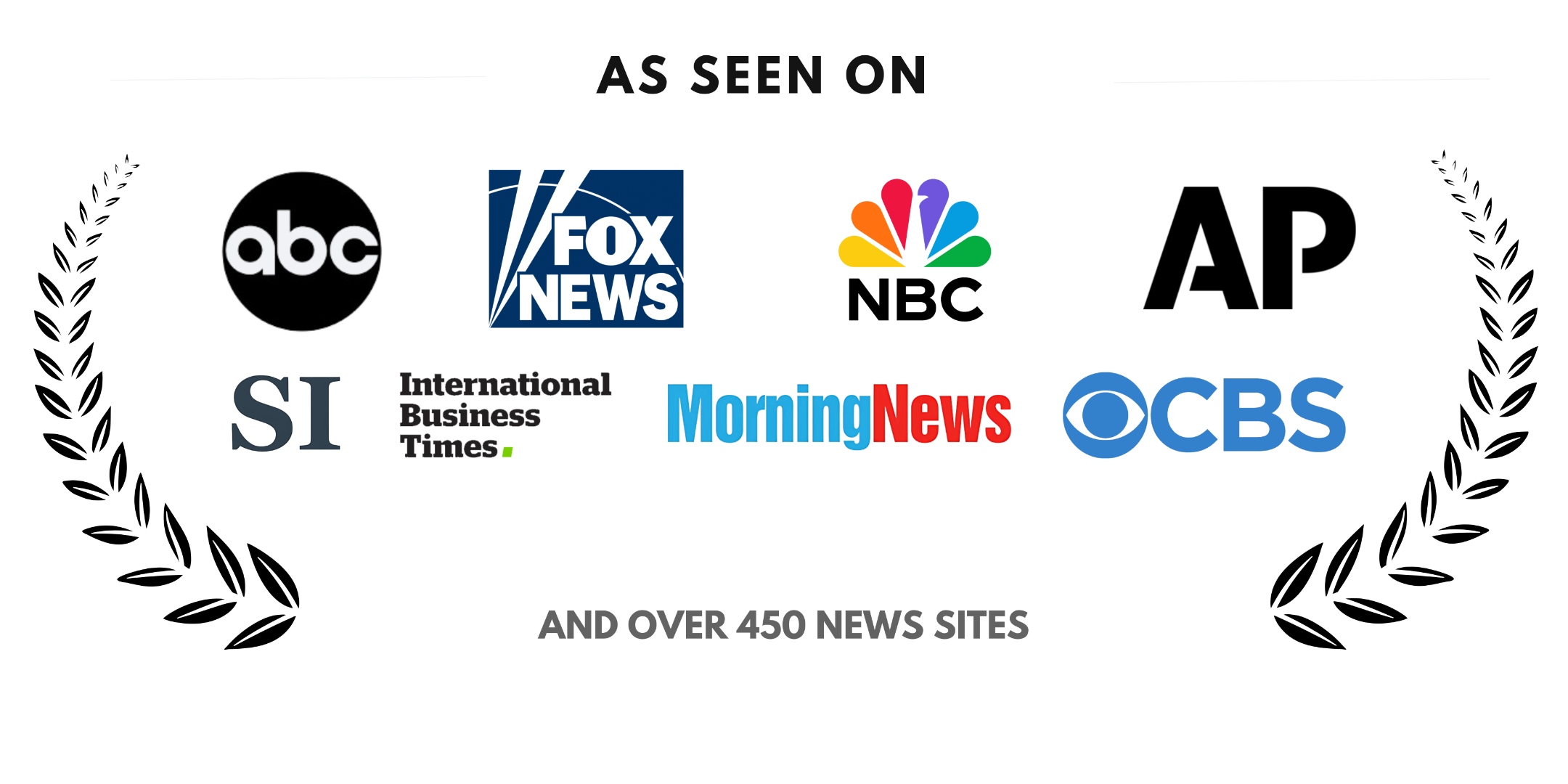 As Seen On media distribution proof including ABC, FOX News, NBC, AP, CBS, International Business Times, Morning News and over 450 news sites